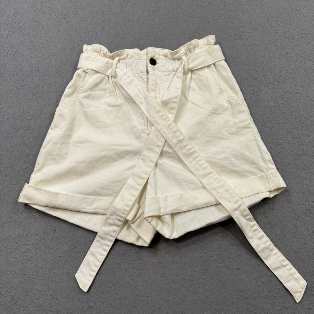 H&M Denim Shorts Women's 6 White Belted Cuffed High Rise Paperbag Waist Summer